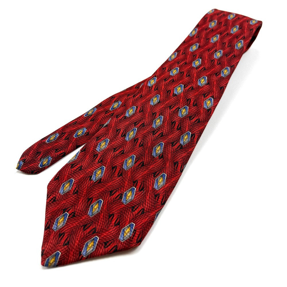 ROBERT TALBOTT STUDIO Silk Tie 4"W 59" L Red/Blue/Gold Geometric Pattern #1624